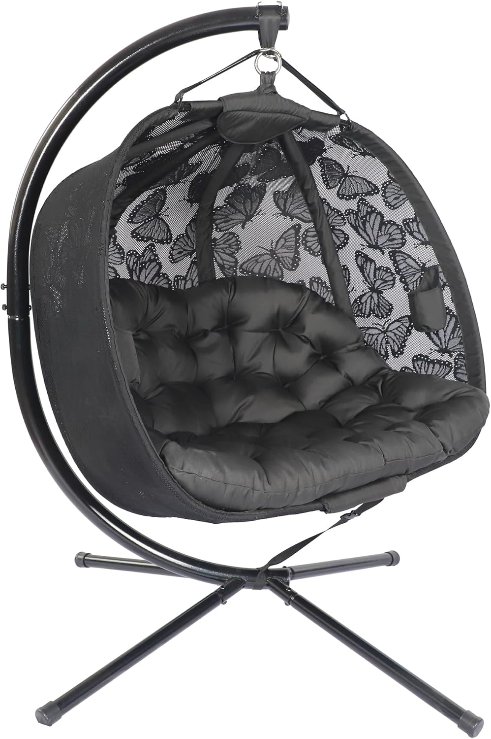 Double Hanging Egg Chair with Stand 2 Seater Plush Cushion Black