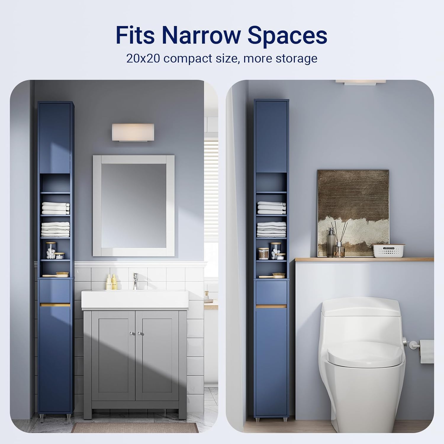 Tall Slim Bathroom Storage Cabinet 20cm Blue Drawer Shelves