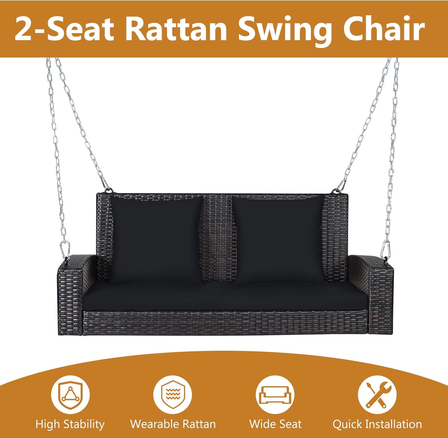 2 Person Rattan Swing Set Black Cushions A Frame Stand