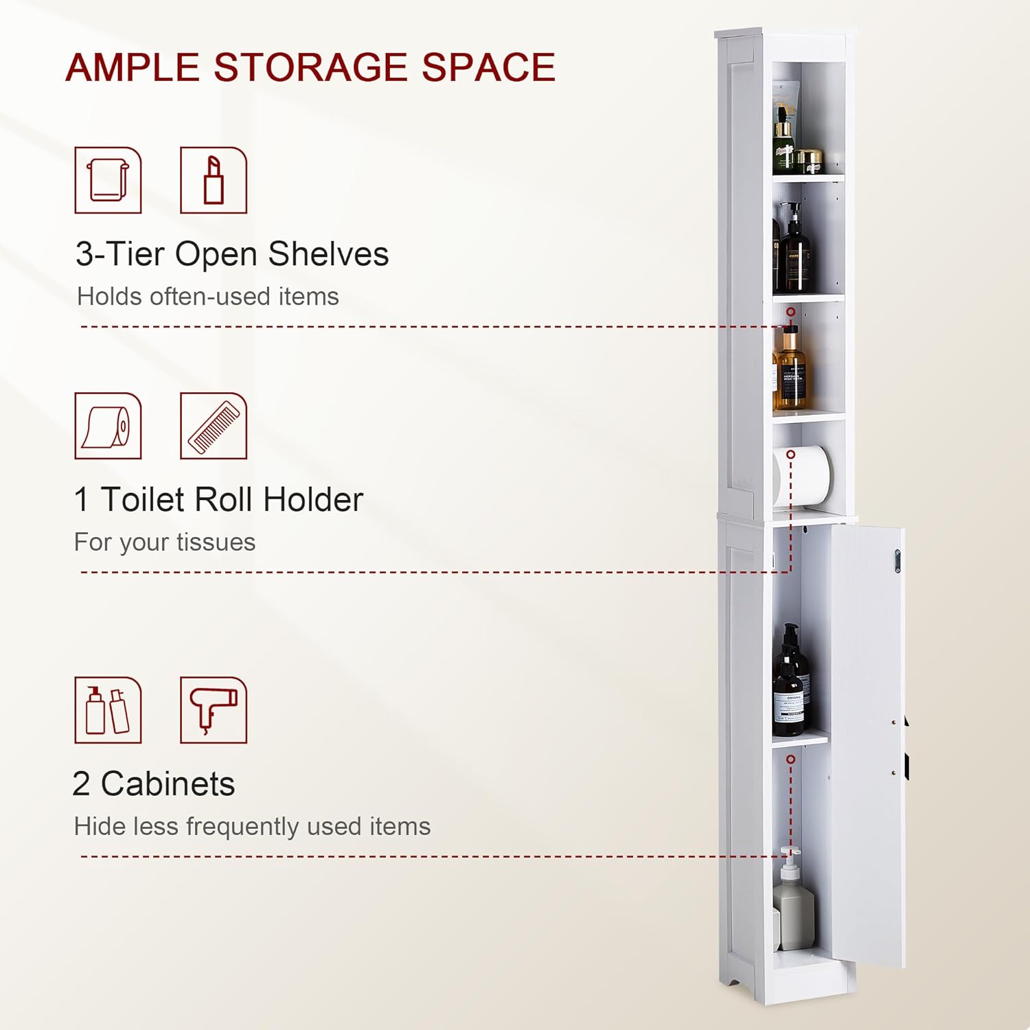 Slim Tall Bathroom Storage Cabinet 6 Shelf Cupboard White