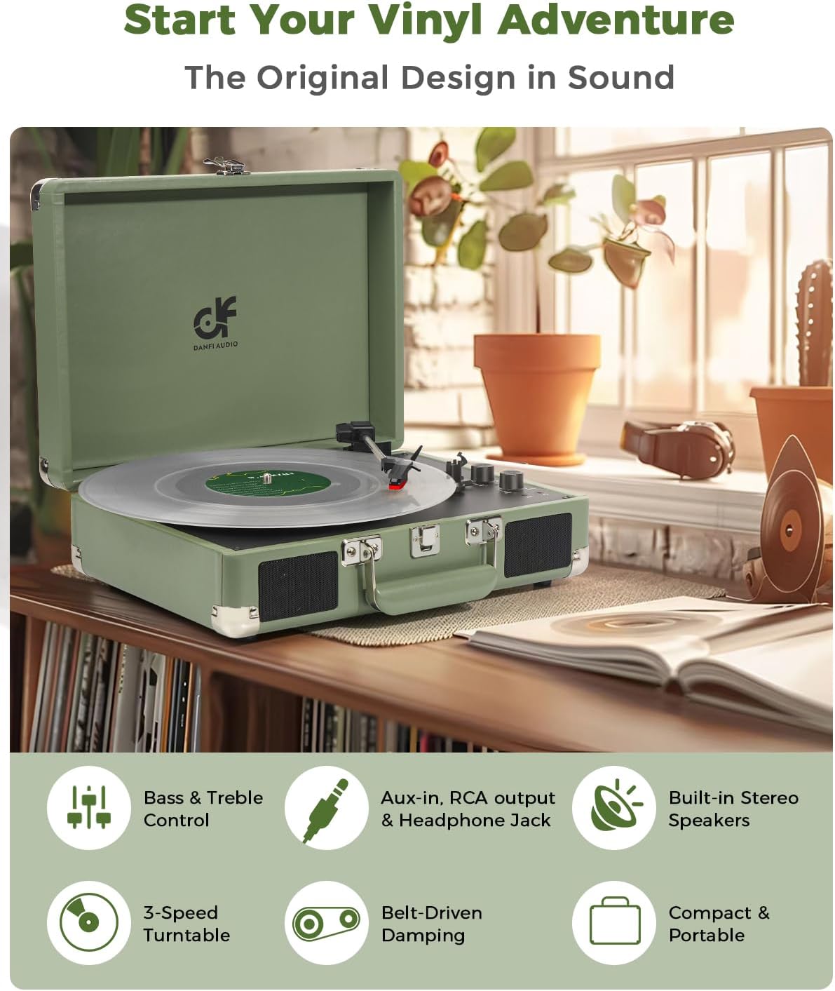 Portable Suitcase Record Player 3 Speed Sage Green