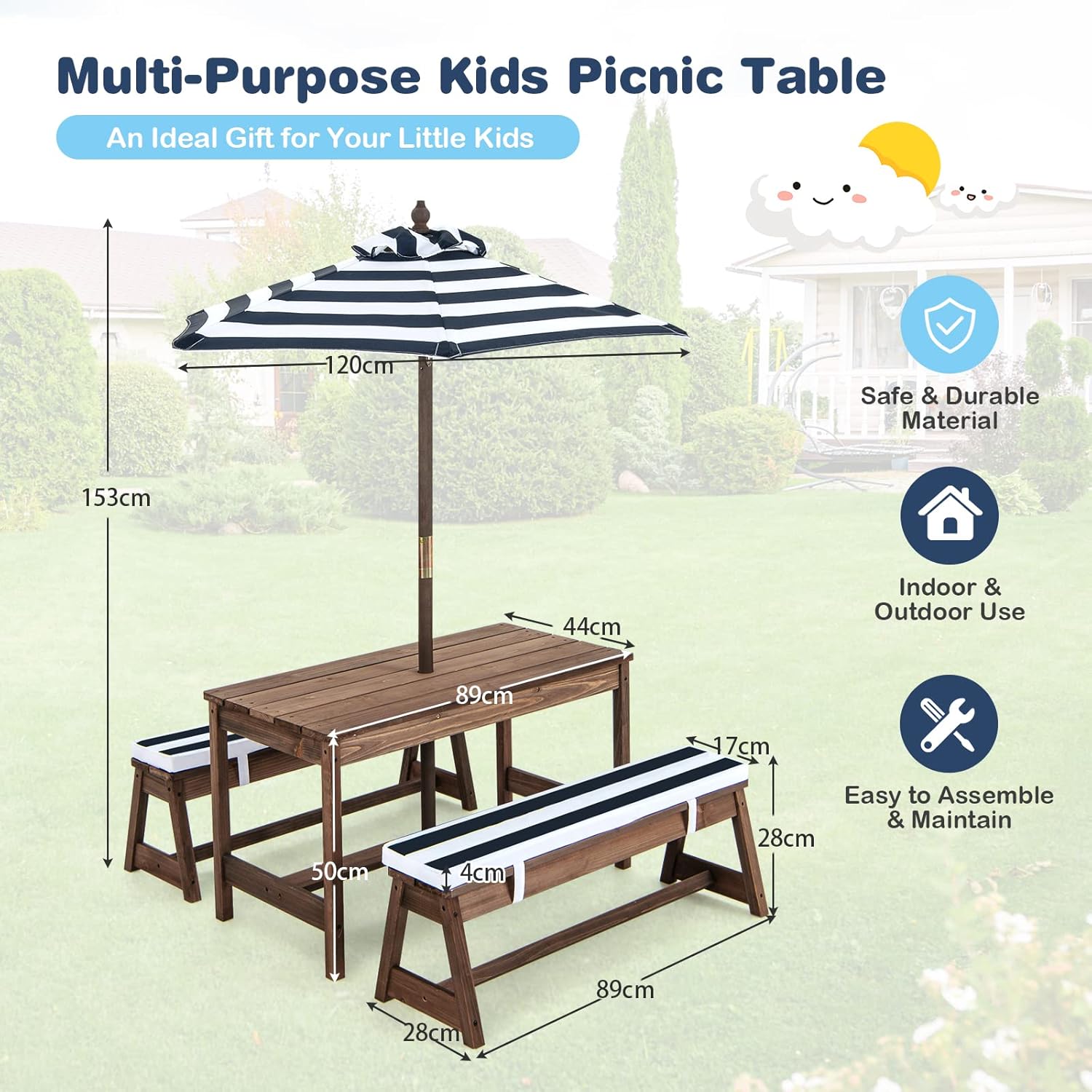 Kids Wooden Picnic Table Bench Set w/Umbrella Blue