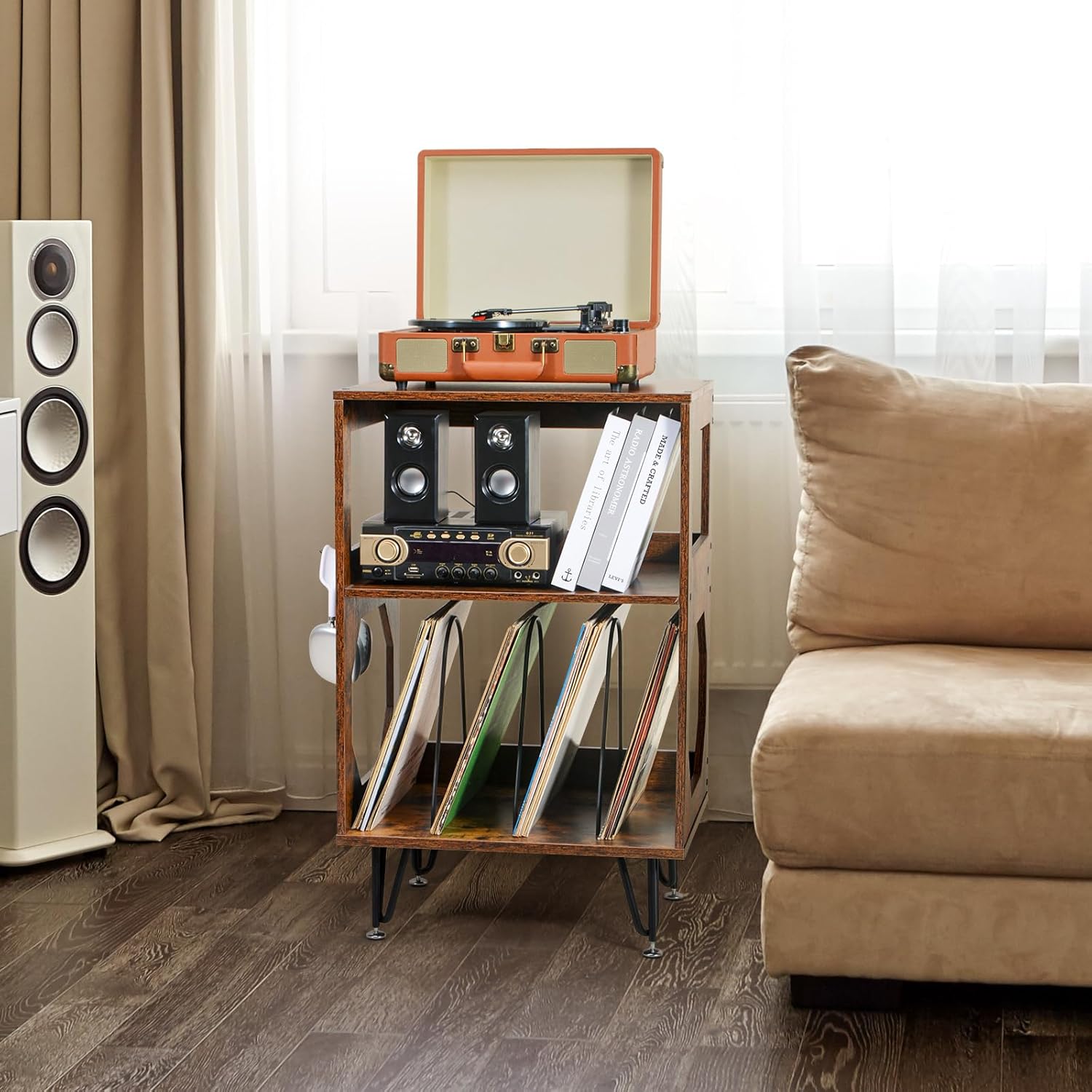 Rustic Record Player Stand with Vinyl Storage Cabinet Holds 160 Albums