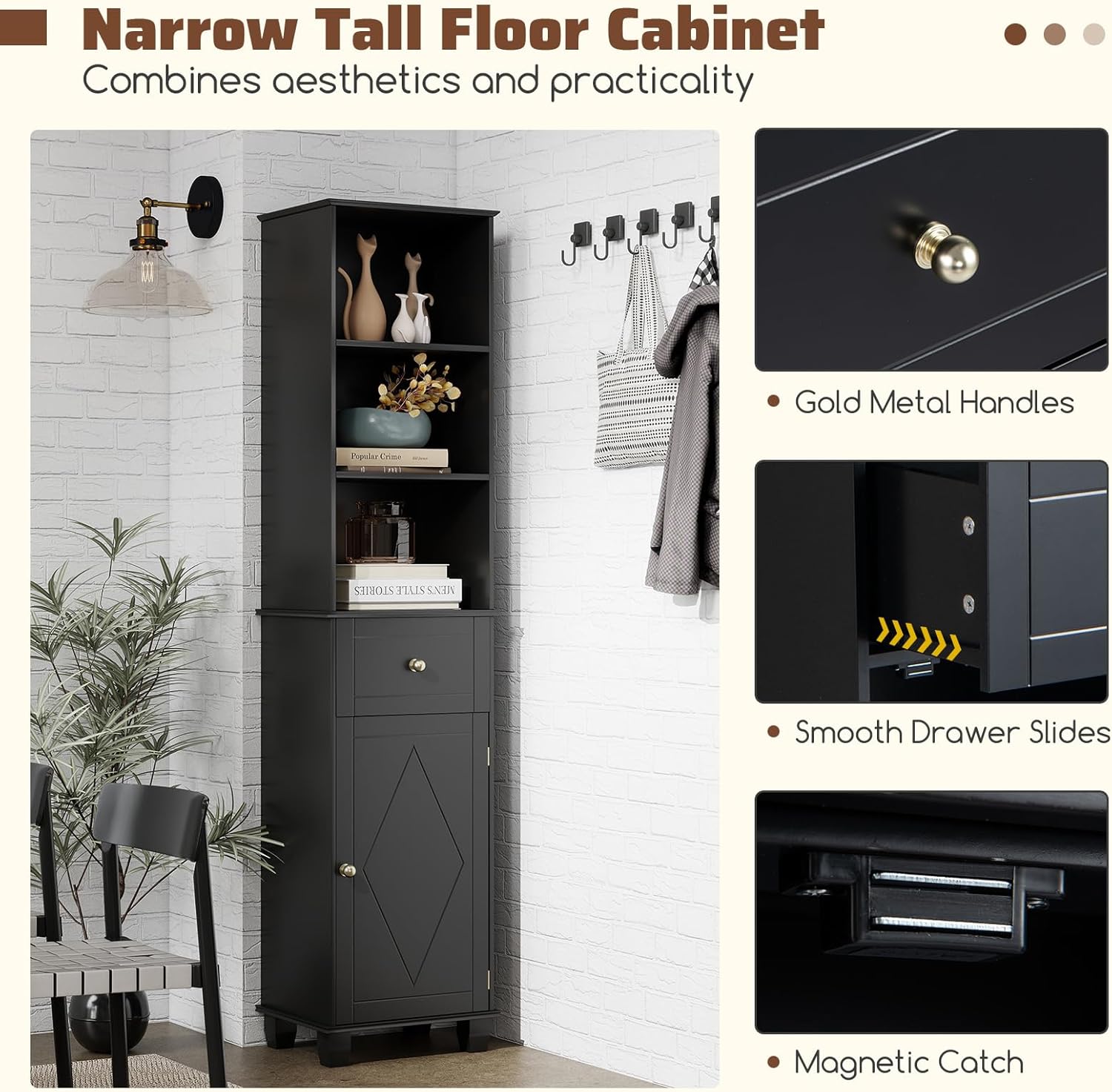 Tall Slim Storage Cabinet Black Drawer Shelves Door Unit