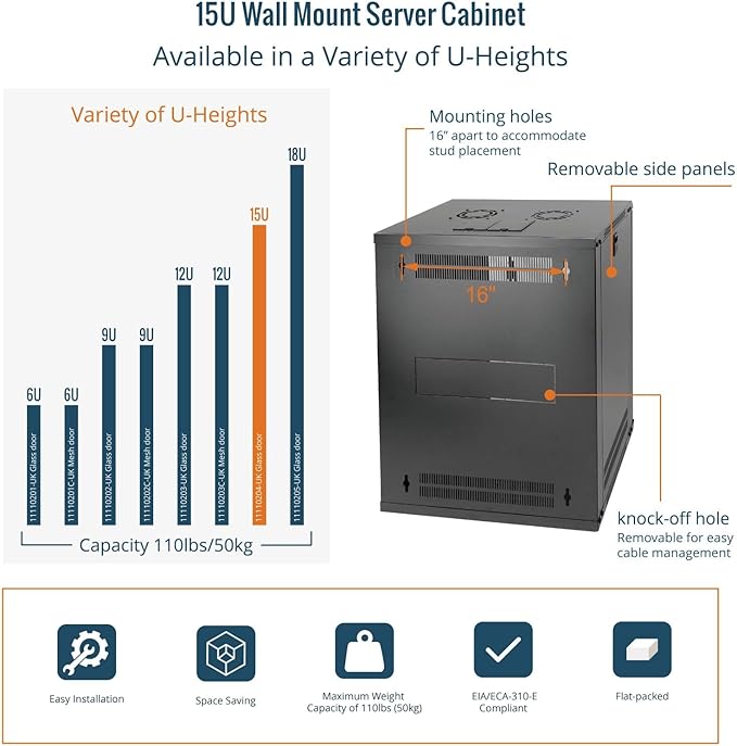 15U Wall Mount Server Cabinet 450mm Glass Door Black