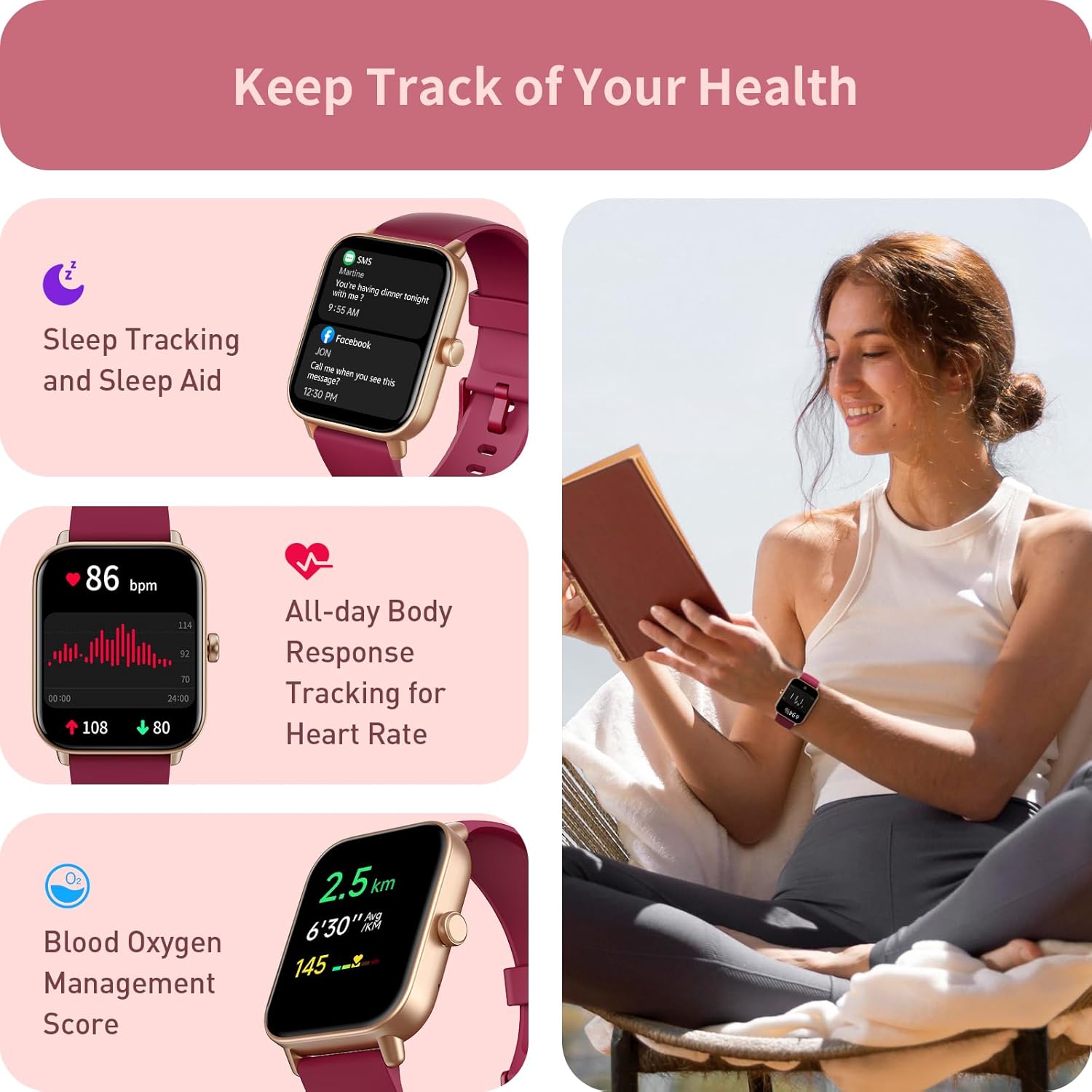 Womens Smart Watch Bluetooth Call Alexa Red