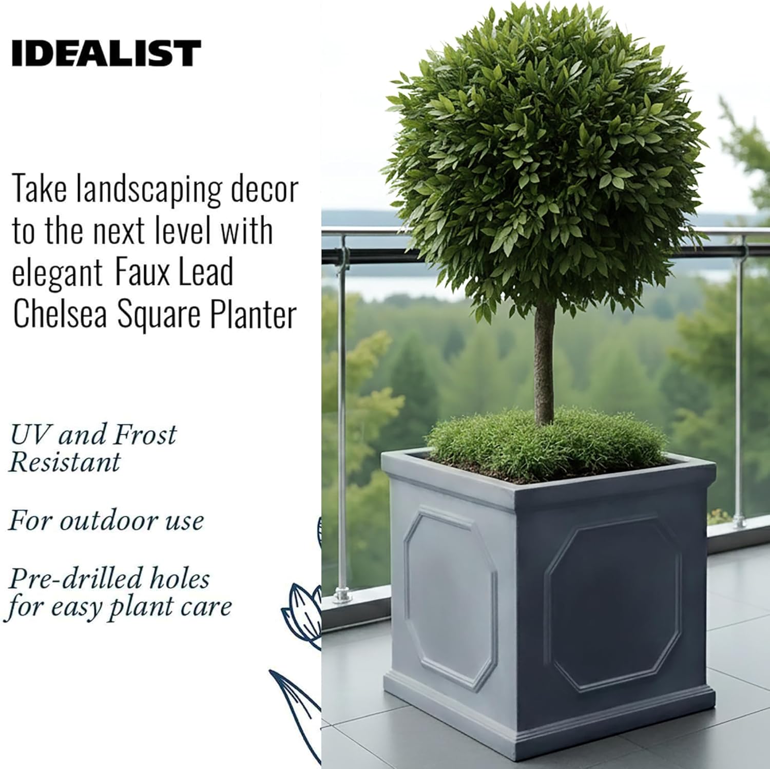 45cm Square Planter Faux Lead Grey Large Garden Tree Pot