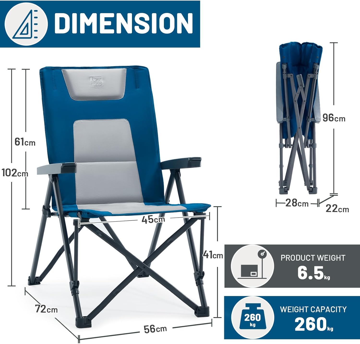 Heavy Duty Reclining Camping Chair 260kg Blue