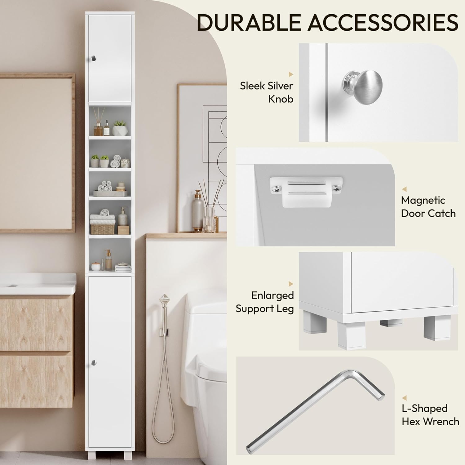 Tall Slim Bathroom Storage Cabinet 6 Adjustable Shelves White 181cm