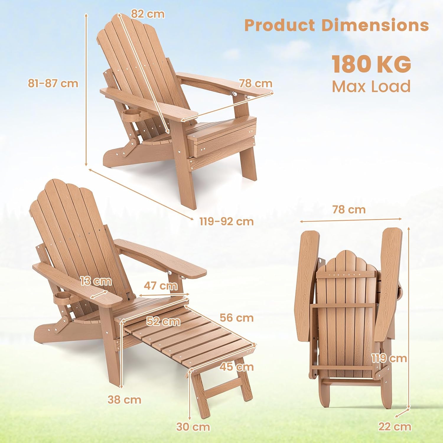 Adirondack Garden Lounge Chair Adjustable Footrest Brown