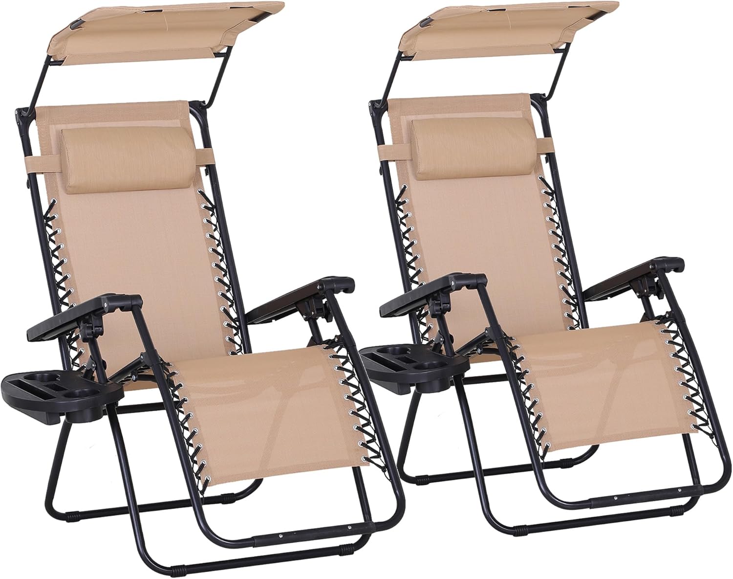 2 Zero Gravity Sun Lounger Chairs Foldable with Canopy Beige