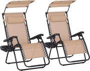 2 Zero Gravity Sun Lounger Chairs Foldable with Canopy Beige