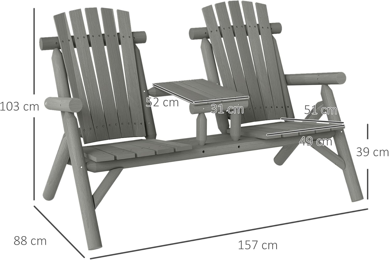 2 Seater Wooden Garden Bench with Middle Table Patio Loveseat Seat