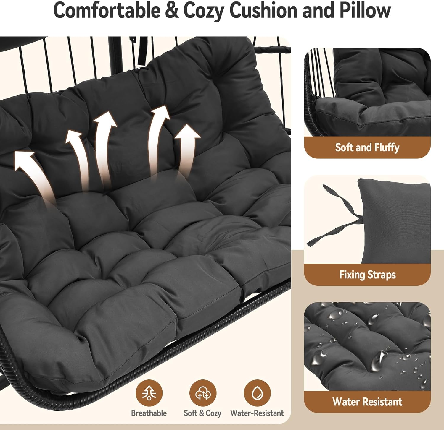 2 Seater Egg Swing Chair with Stand Cushion Black