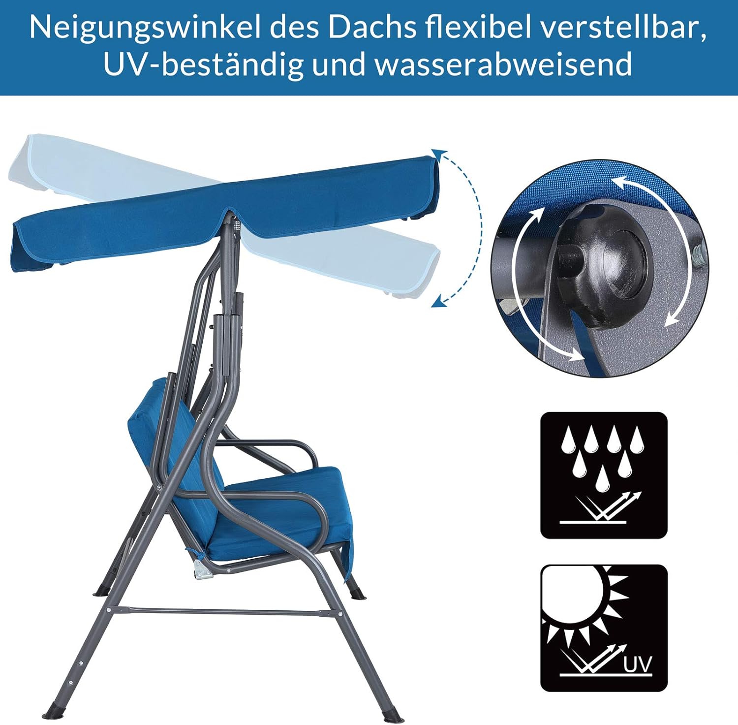 2 Seater Garden Swing Chair Adjustable Canopy Cushioned Blue Seat