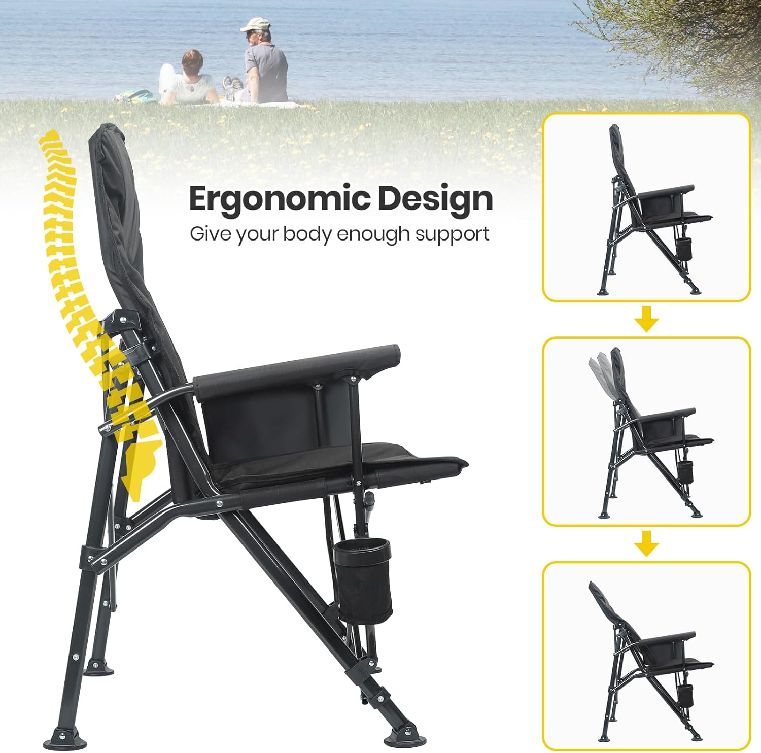Reclining Oversized Camping Chair with Lumbar Support Black