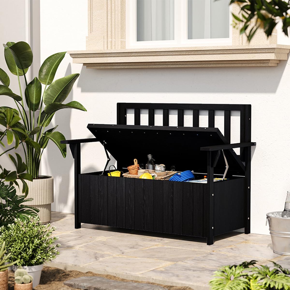 2 Seater Wooden Garden Storage Bench 135L Outdoor Patio Seat Black