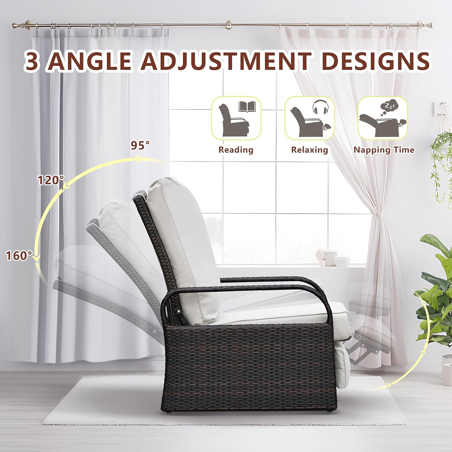 Rattan Recliner Garden Chair Adjustable Cushioned Beige