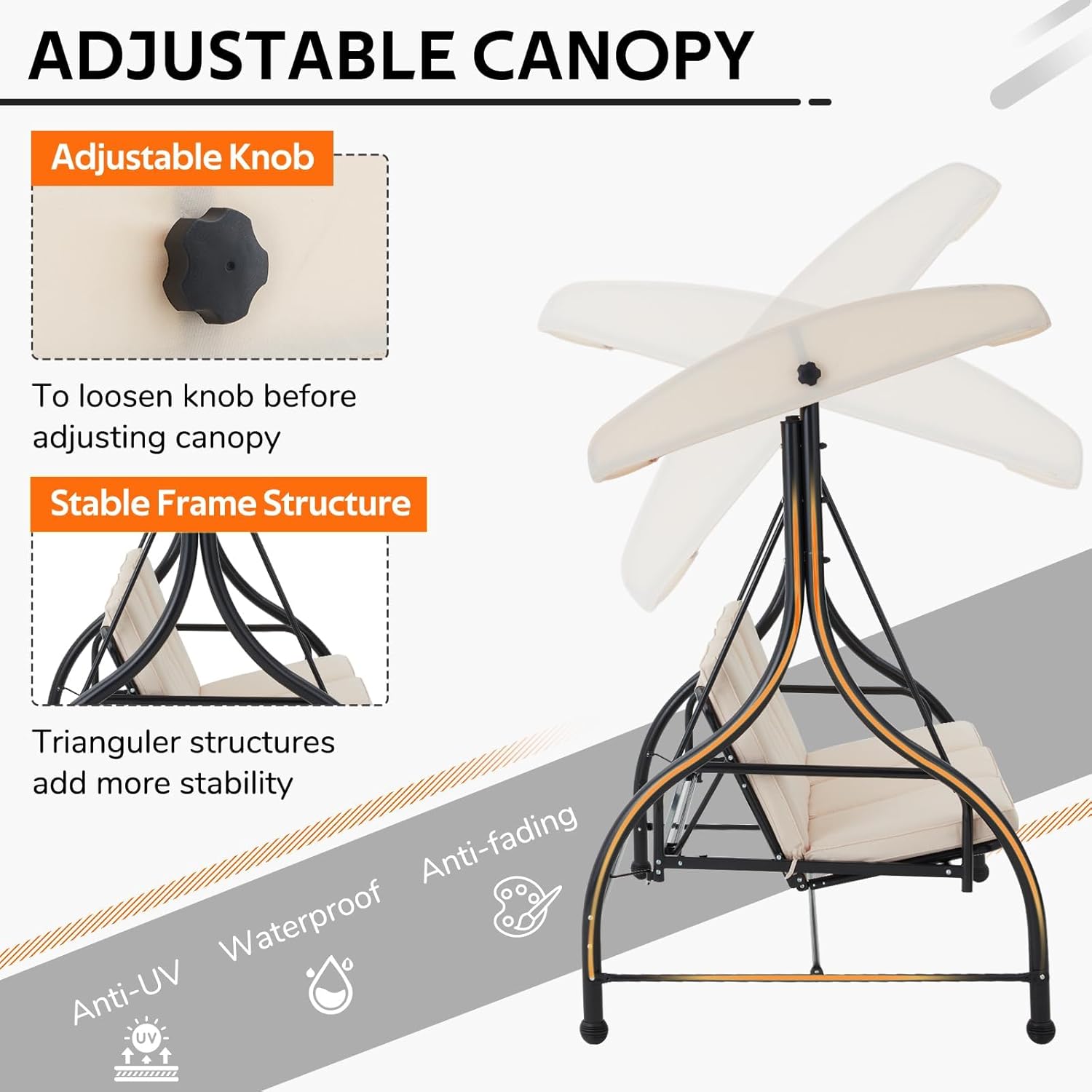 Beige 3 Seater Garden Swing Bed with Canopy