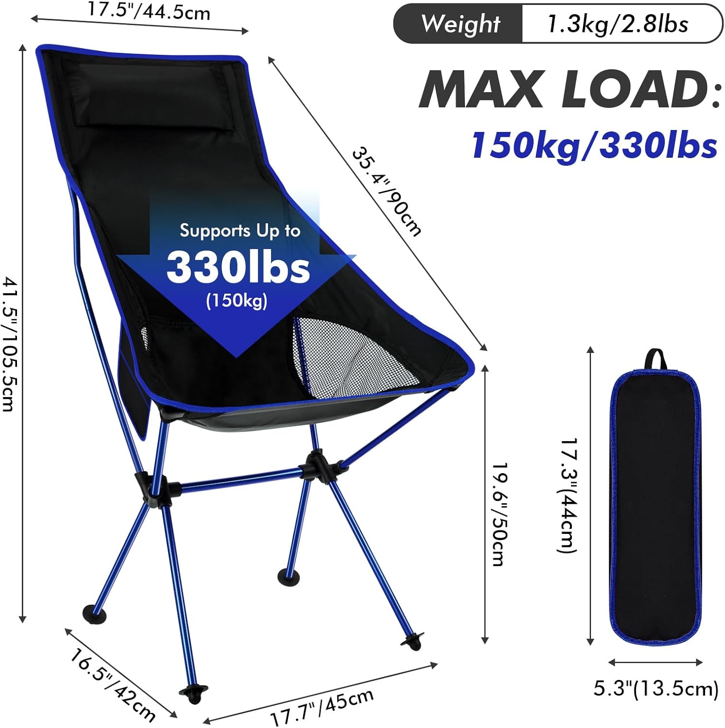 Lightweight High Back Folding Camping Chair with Headrest Blue
