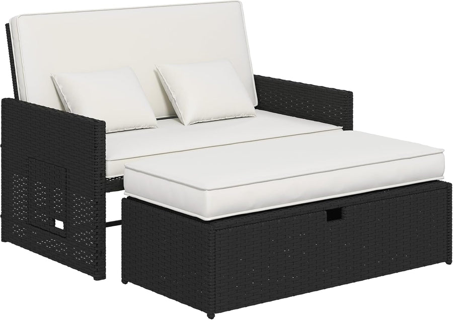 Double Rattan Daybed Sun Lounger Storage Cream White