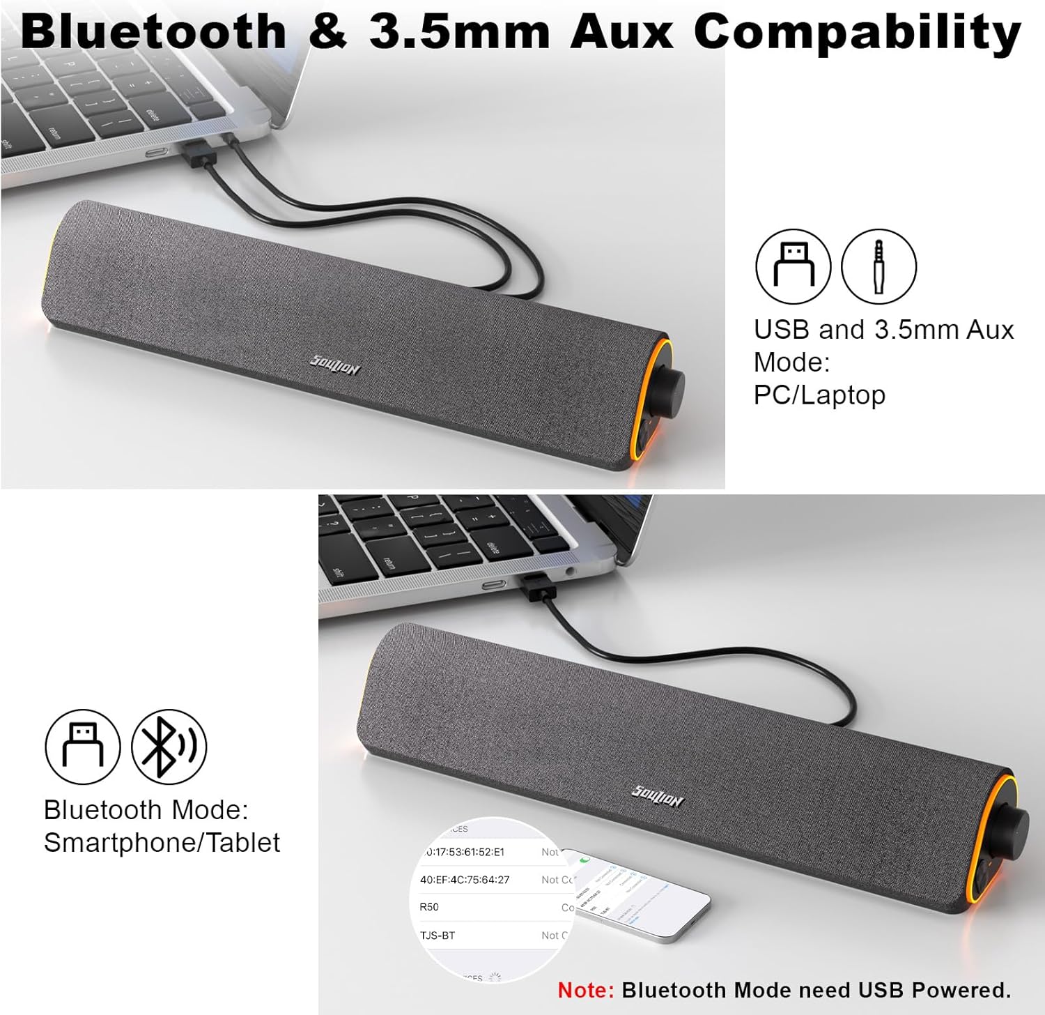 PC Soundbar Bluetooth USB AUX Speaker RGB Stereo Desktop