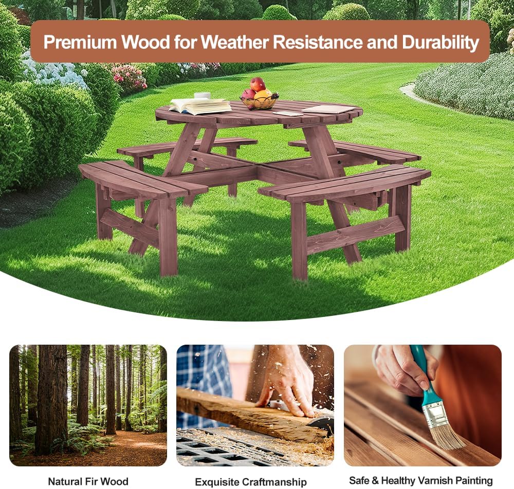 8 Seater Round Wooden Picnic Table Bench Set w/Parasol Hole