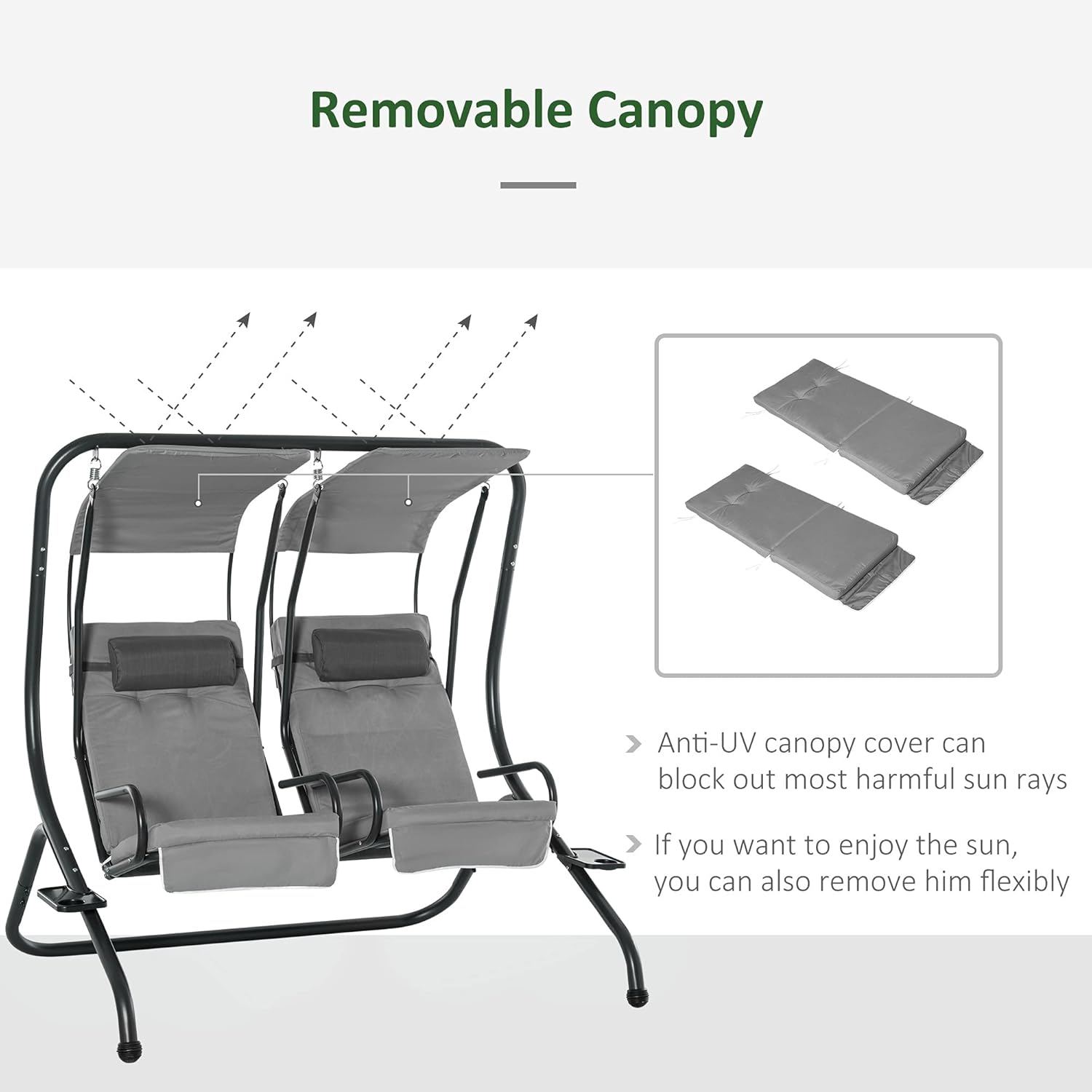2 Seater Canopy Swing Chair with Cup Holders Grey