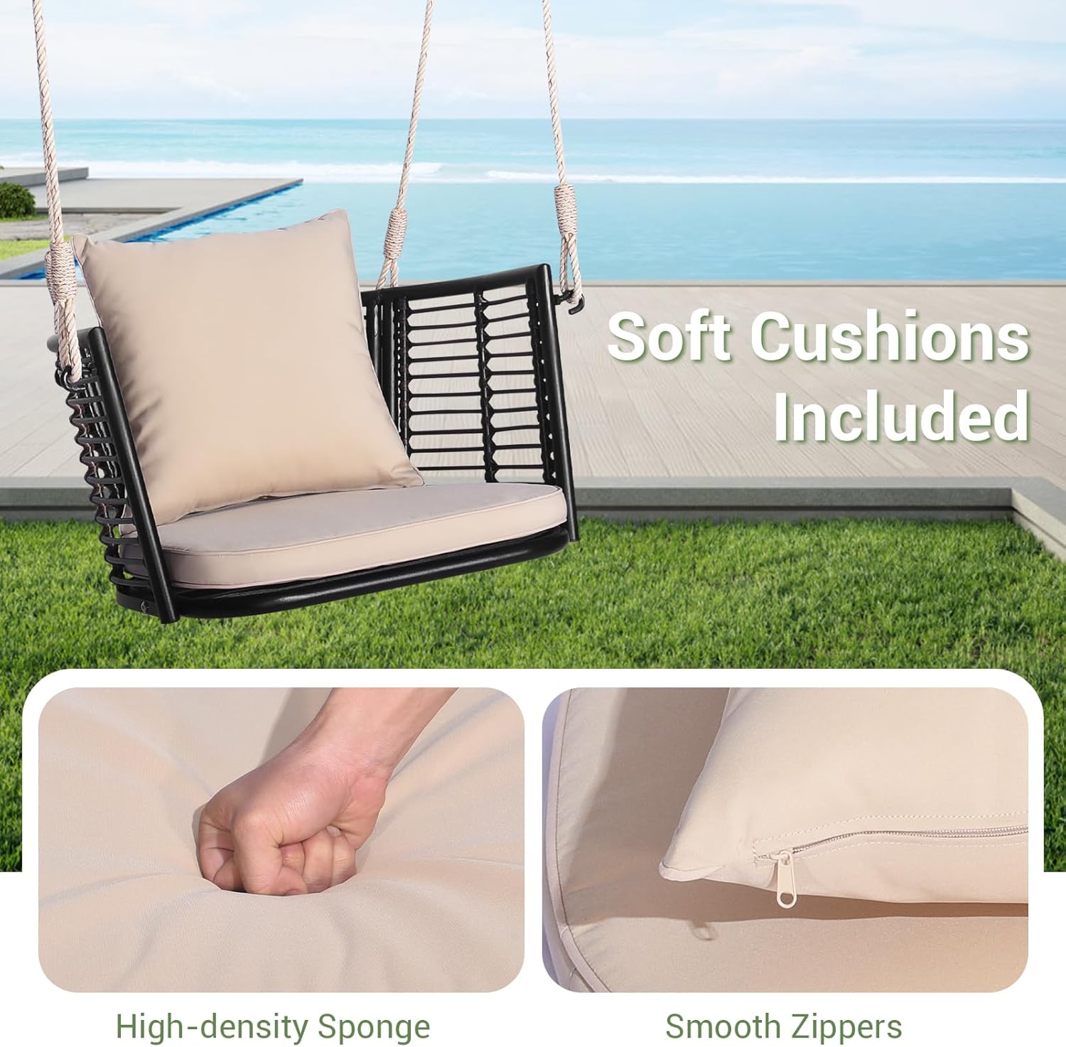 Single Rattan Porch Swing Chair Cushions Hanging Seat