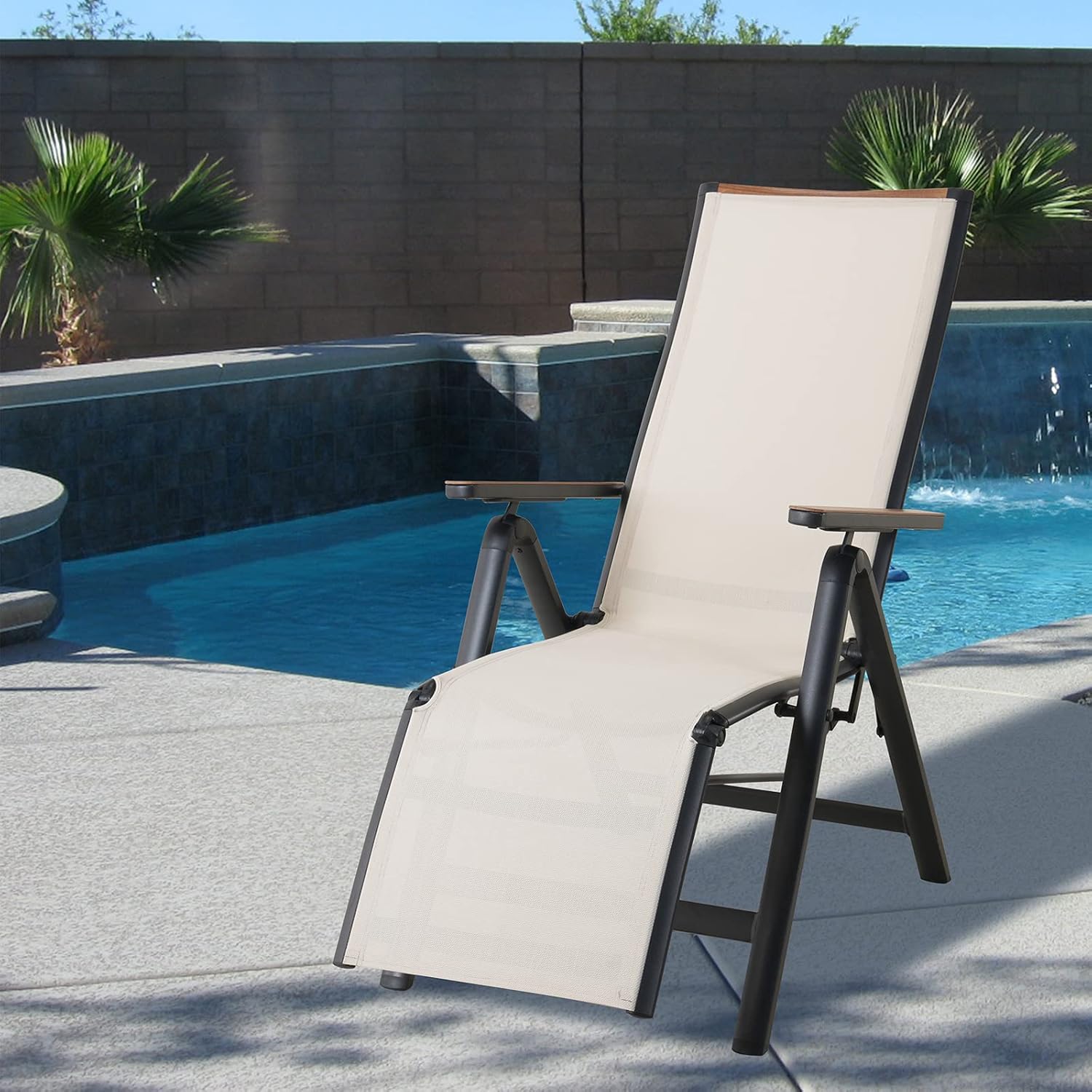 Foldable Sun Lounger Beige Reclining Garden Chair Aluminium