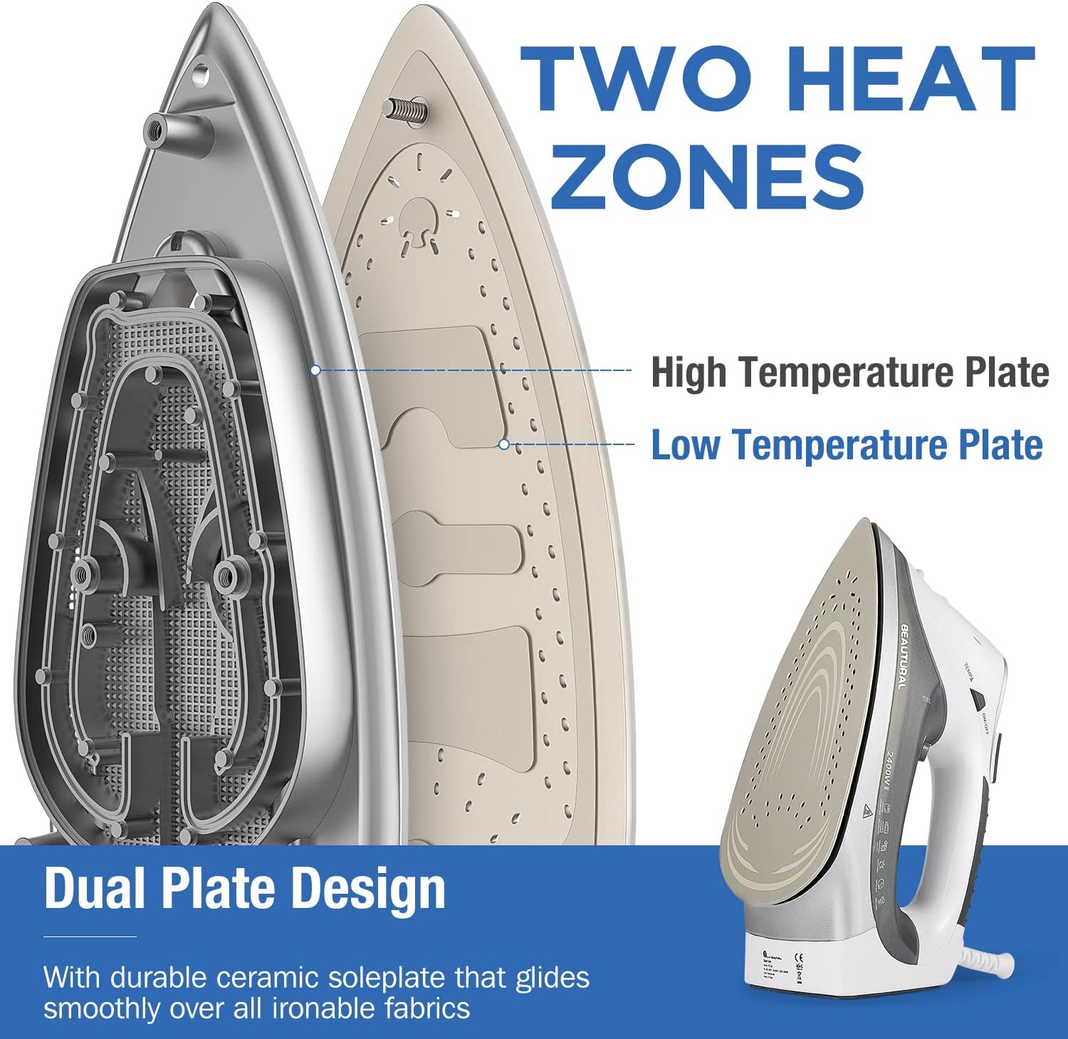 2400W Steam Iron LCD Display Ceramic Soleplate 340ml Tank