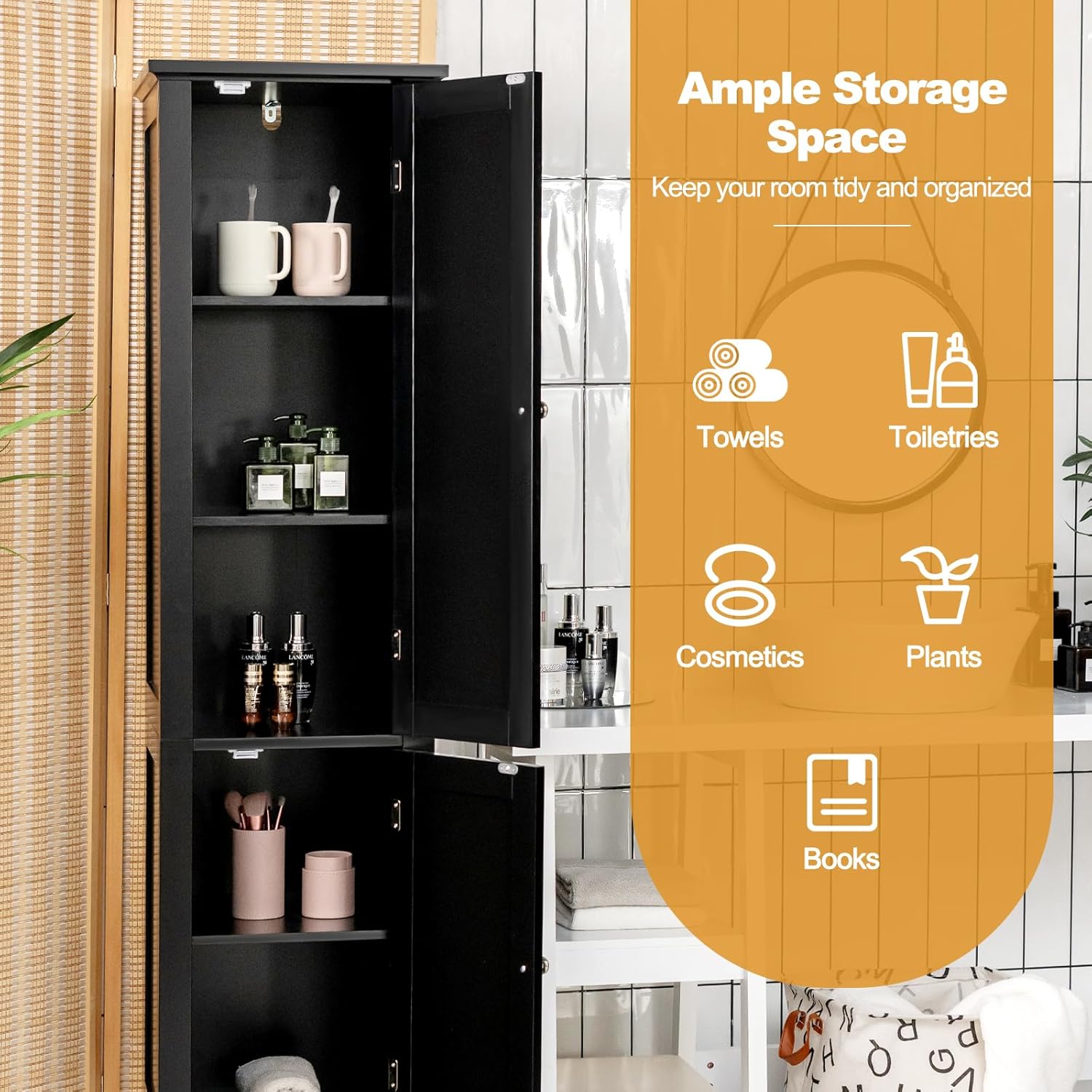 Tall Slim Storage Cabinet Black 5 Tier 2 Door Cupboard