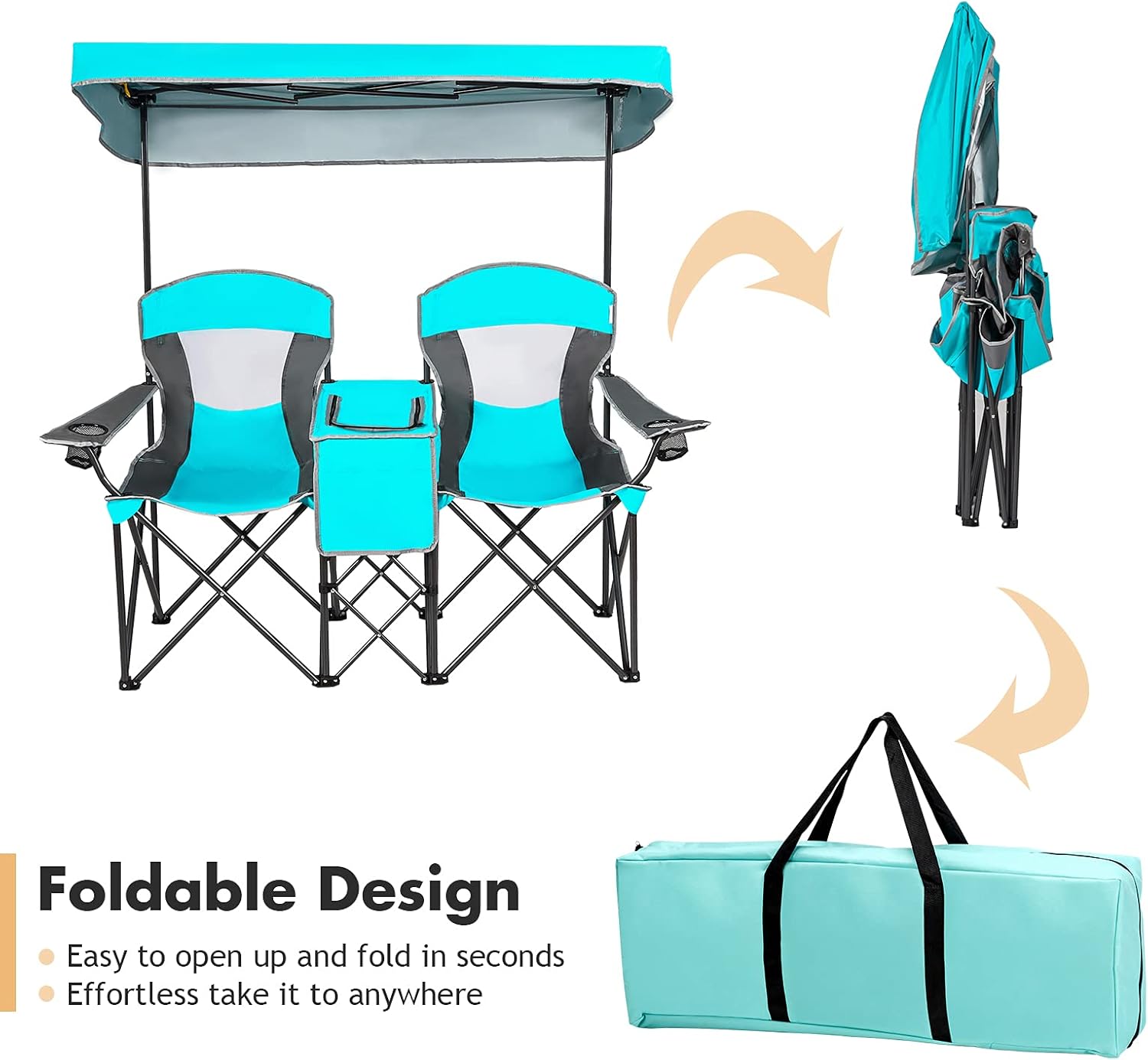 Turquoise Double Camping Chair with Canopy 2 Seater