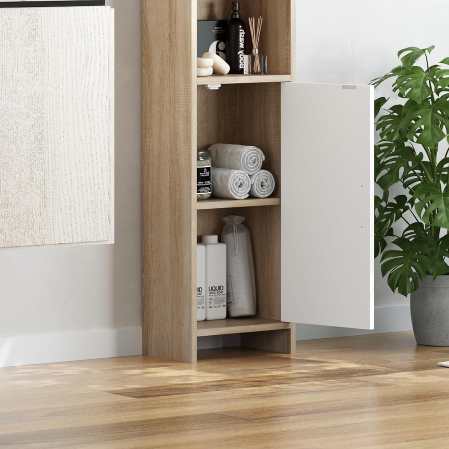 Tall Slim Bathroom Storage Cabinet 2 Doors White Maple 170cm