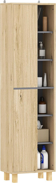 Tall Bathroom Storage Cabinet Natural Wood 6 Shelves Unit