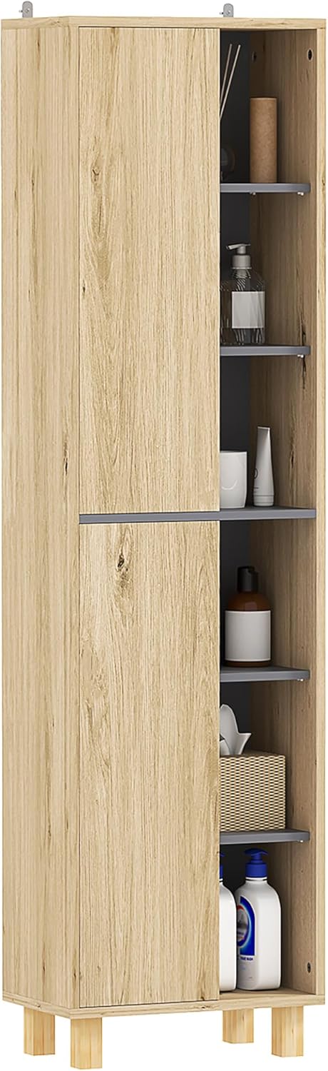 Tall Bathroom Storage Cabinet Natural Wood 6 Shelves Unit