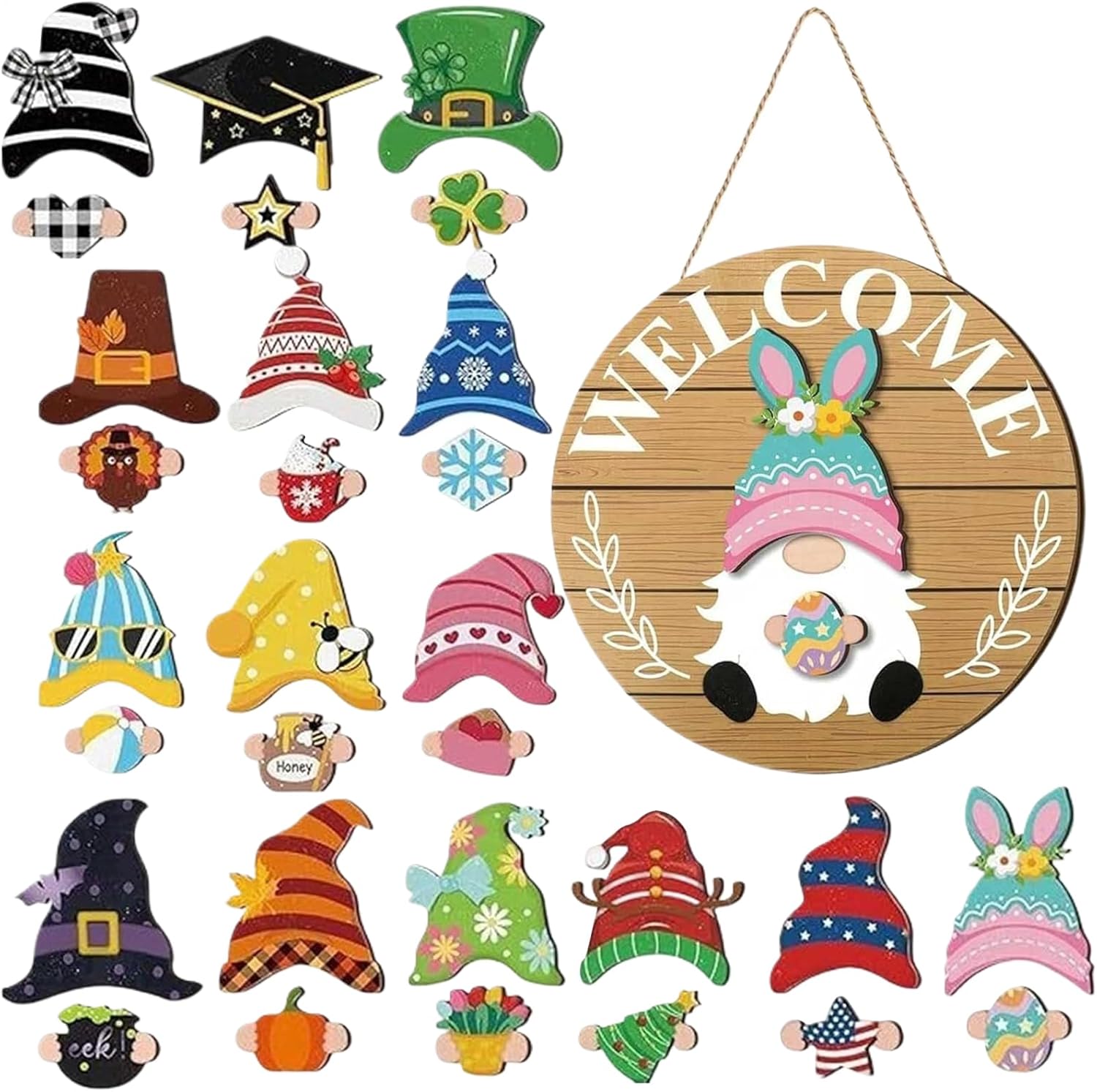 Gnome Welcome Sign Wooden Door Decor Seasonal Changeable