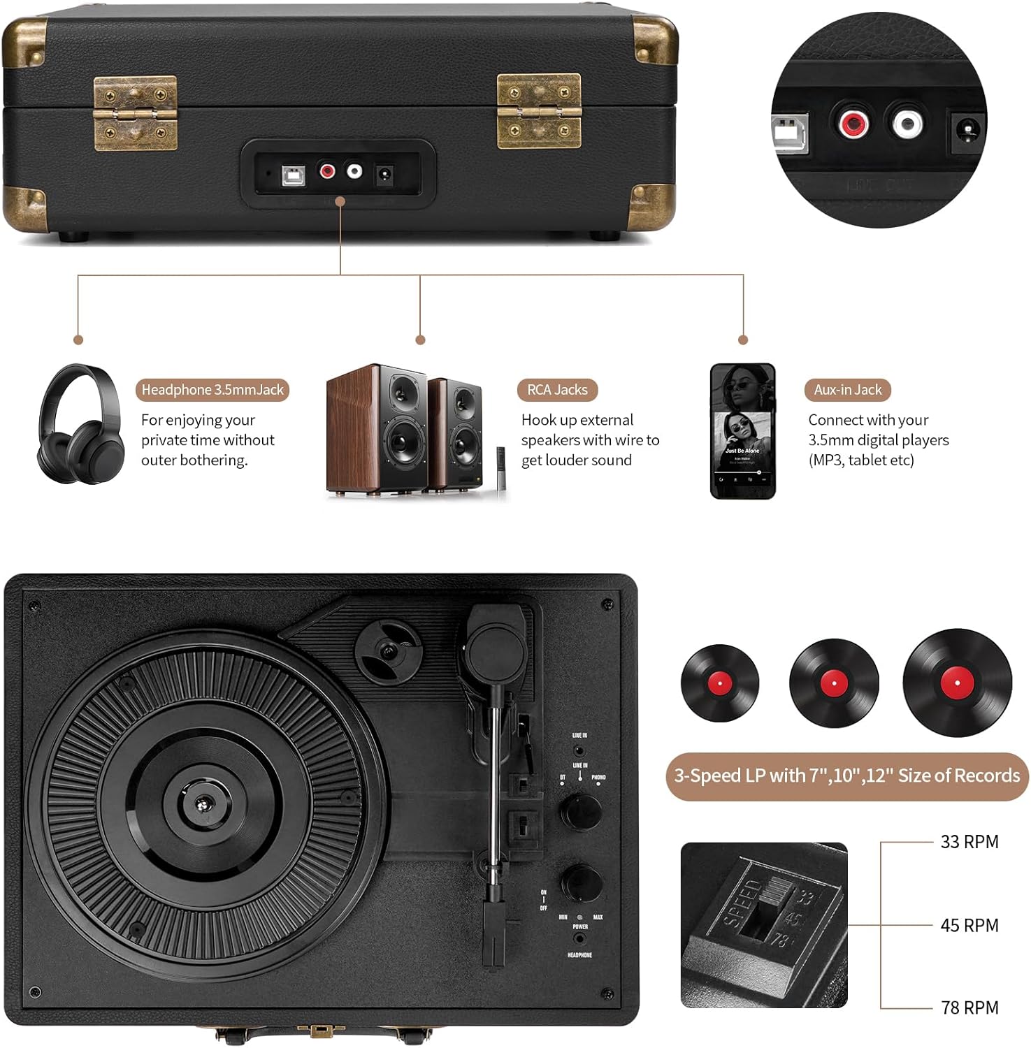 3-Speed Bluetooth Vinyl Record Player USB Recording Portable Suitcase