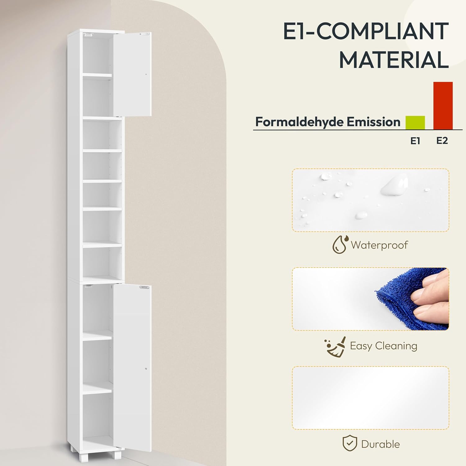 Tall Slim Bathroom Storage Cabinet 6 Adjustable Shelves White 181cm