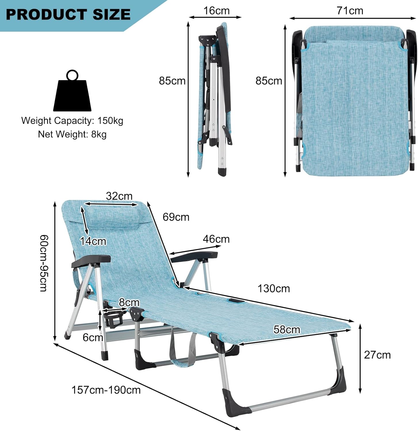 Folding Sun Lounger 7 Position Reclining Chair Cup Holder Blue