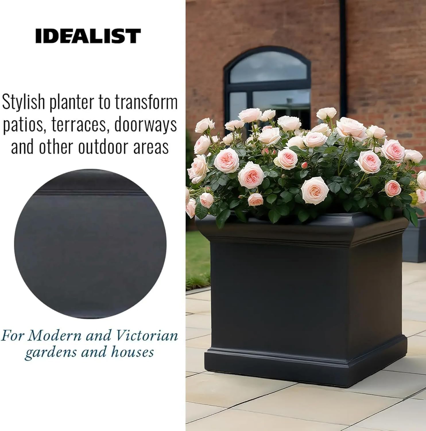 55cm Large Square Planter Black Stone Effect Garden Tree Pot