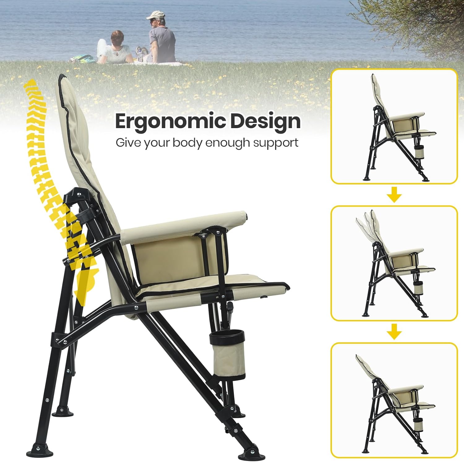 Adjustable Reclining Camping Chair with Lumbar Support Beige