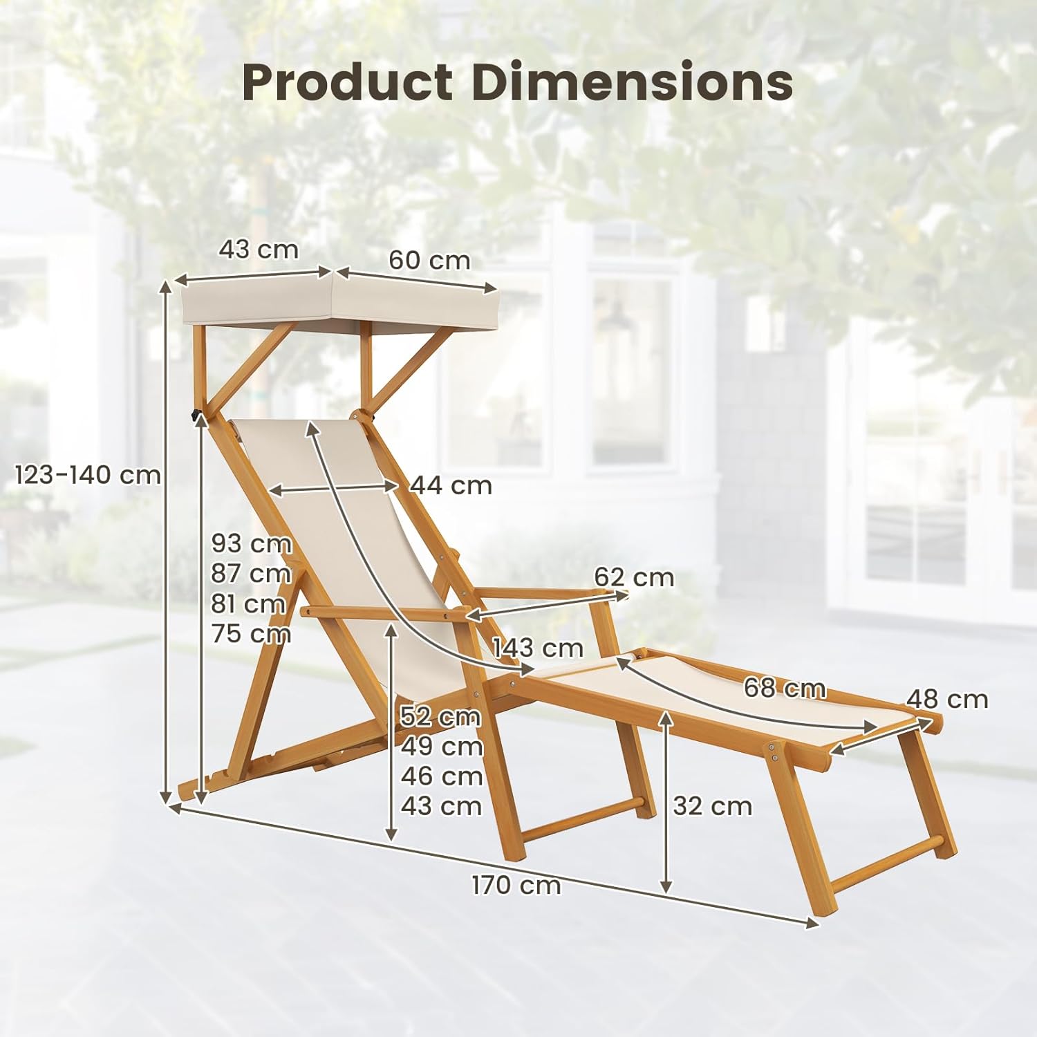 Foldable Wooden Sun Lounger with Canopy Recliner Beige