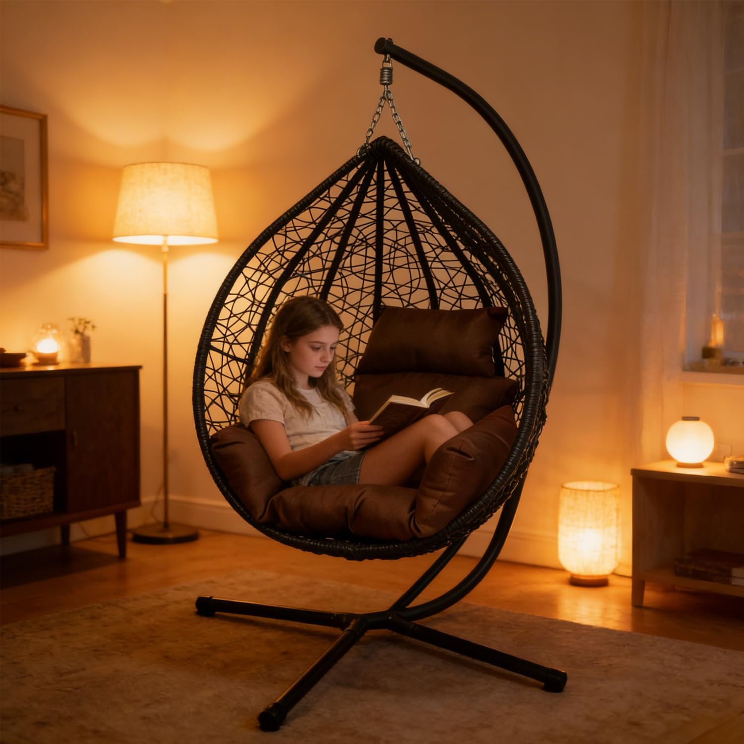 Rattan Hanging Egg Chair with Stand Cushion Black Brown