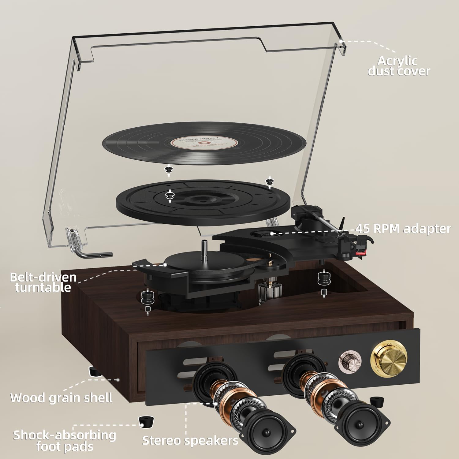 Bluetooth Record Player 3 Speed USB MP3 Recording Walnut