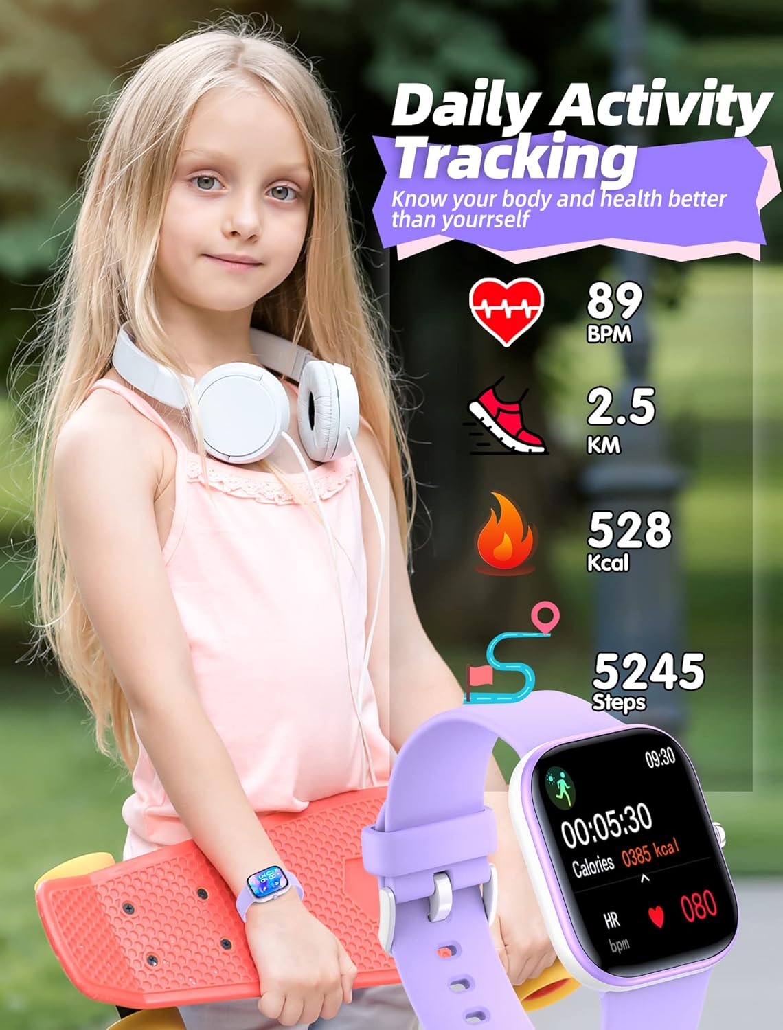 Kids Smart Watch Purple Fitness Tracker Heart Rate Sleep