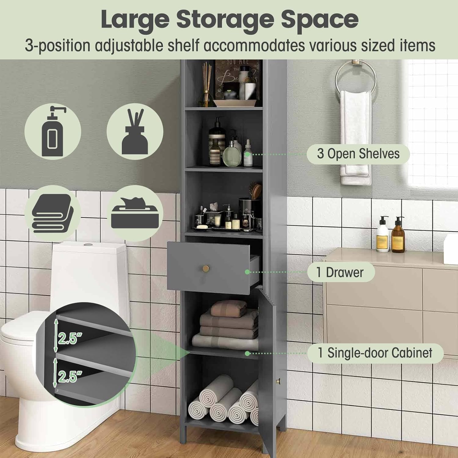 Slim Bathroom Tall Cabinet Drawer Shelf Unit Grey