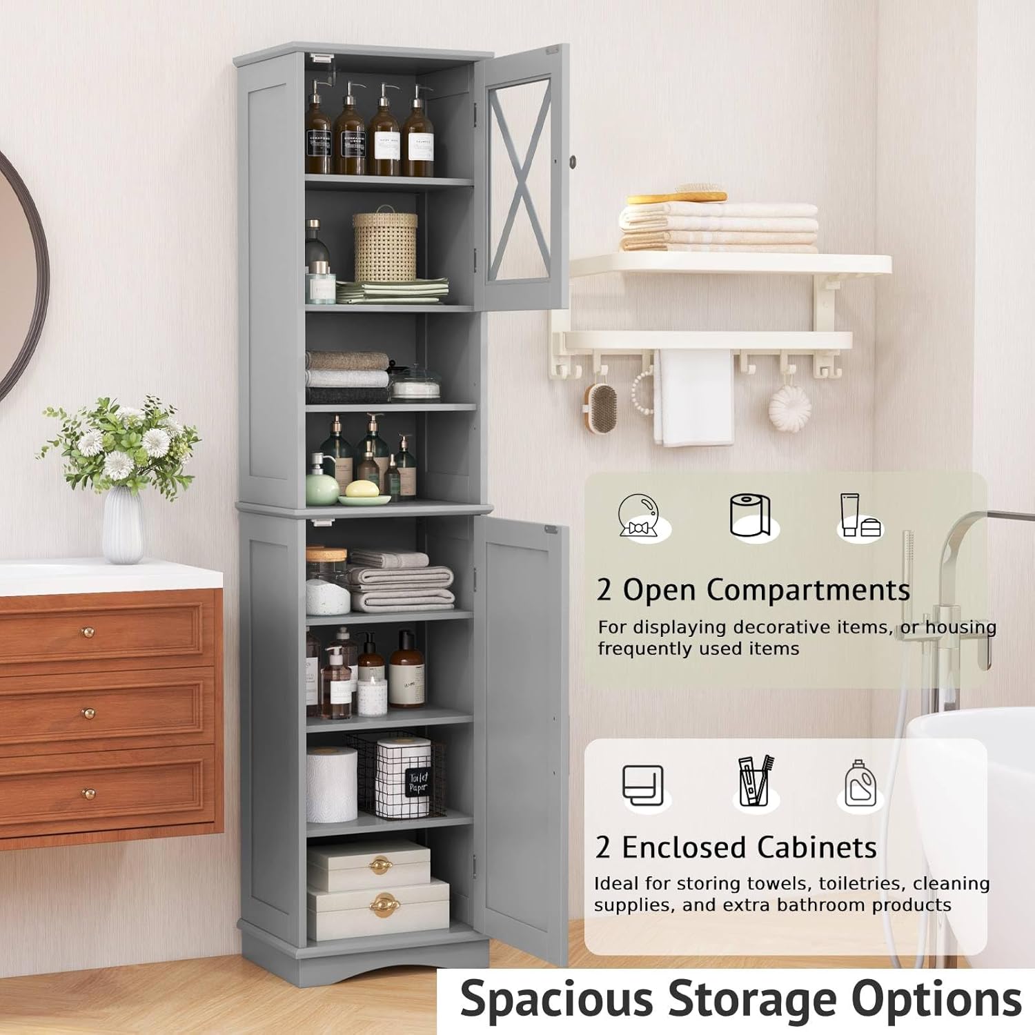 Tall Bathroom Storage Cabinet 2 Door Shelf Unit Grey