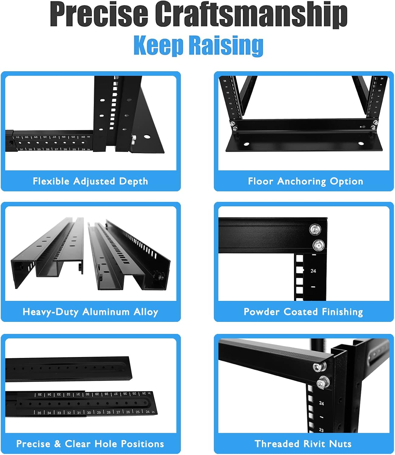 15U 4 Post Open Frame Server Rack Adjustable Depth