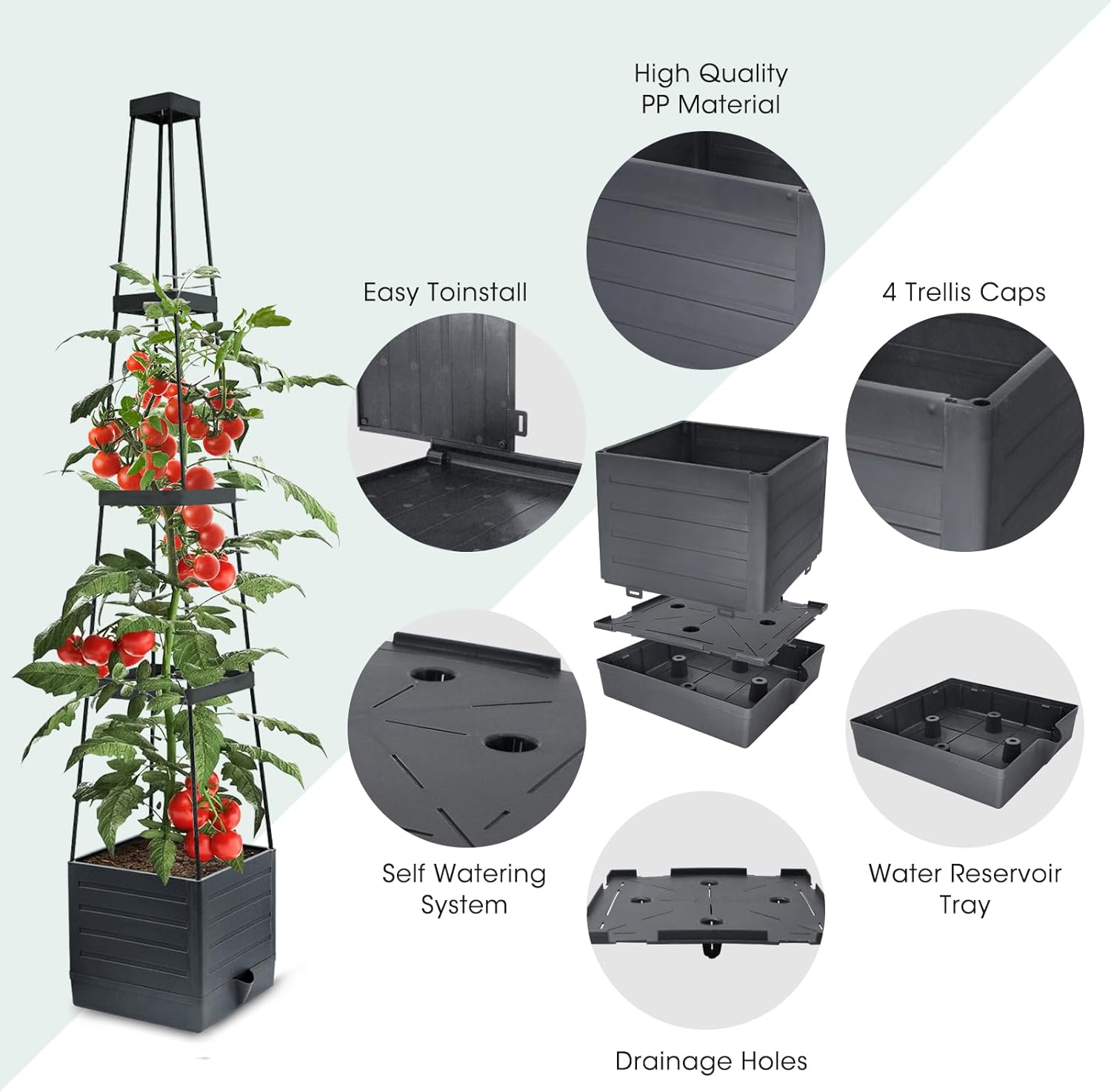 2 Pack Raised Garden Bed Planter with Trellis Self Watering Black